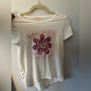 btween White Tee with Pink and Gold Sequin Flower